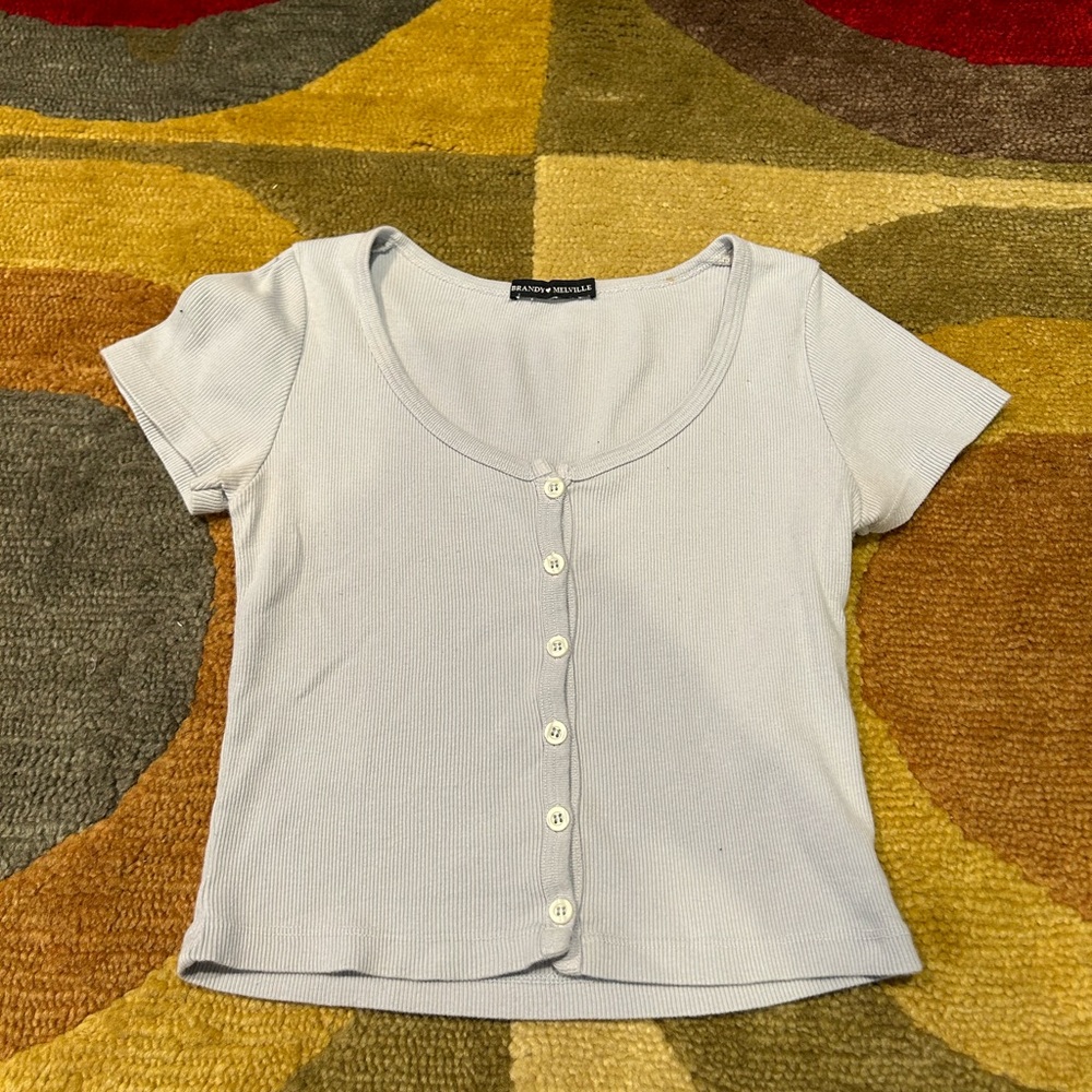 Brandy Melville Zelly Top with Buttons Ribbed Light Blue Short Sleeve Crop Top